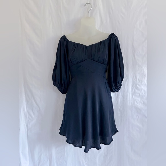 Here Comes the Sun Navy Satin Babydoll Empire Waist Poof Sleeve Mini Dress XS - Picture 1 of 14